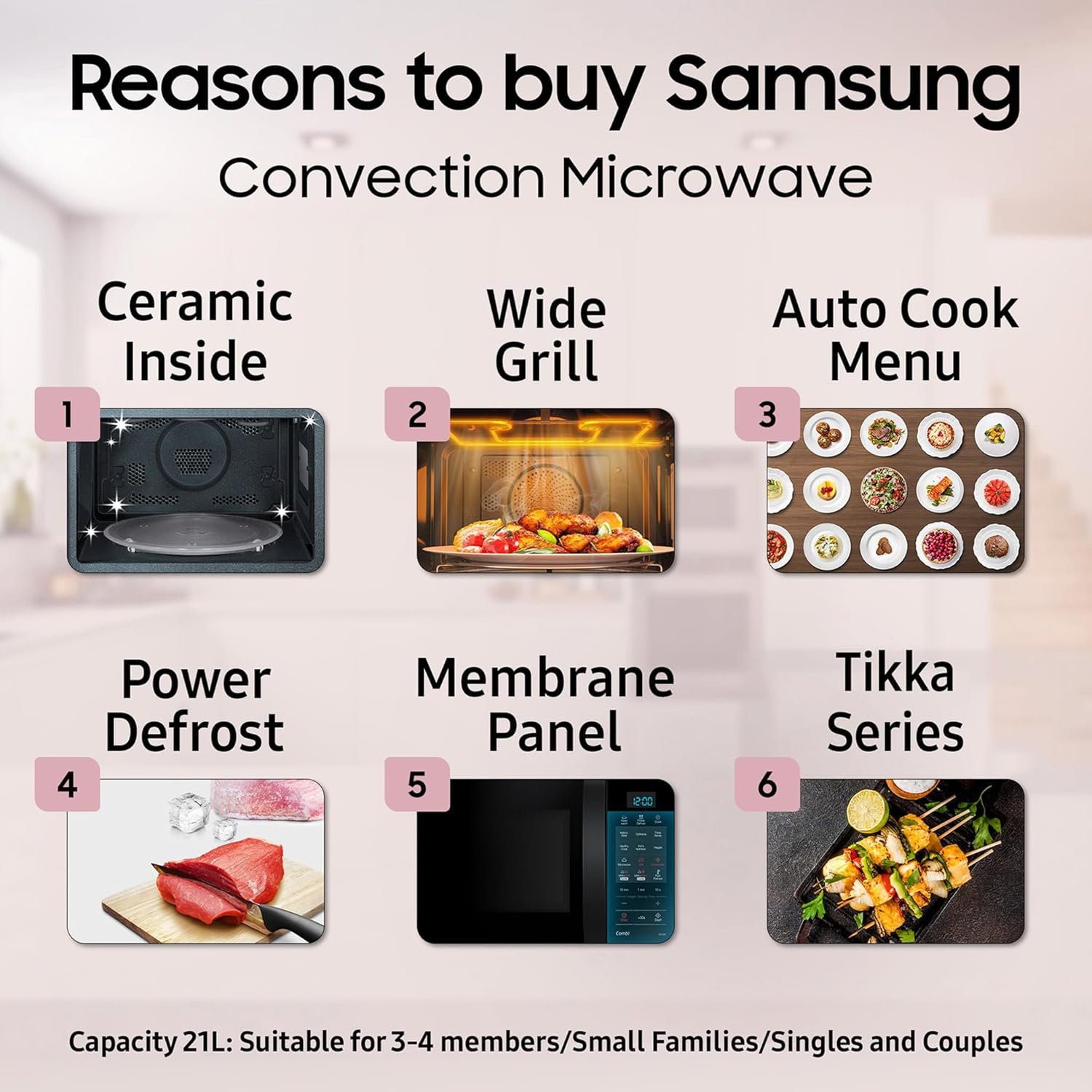 Samsung 21 L, Convection Microwave Oven (CE73JD-B1/XTL, Black, Various Cooking Modes, Pre heat, Eco Mode, Power Defrost, Auto Cook, Wire Rack, Ceramic Enamel Cavity with 10 year warranty) - Image 2